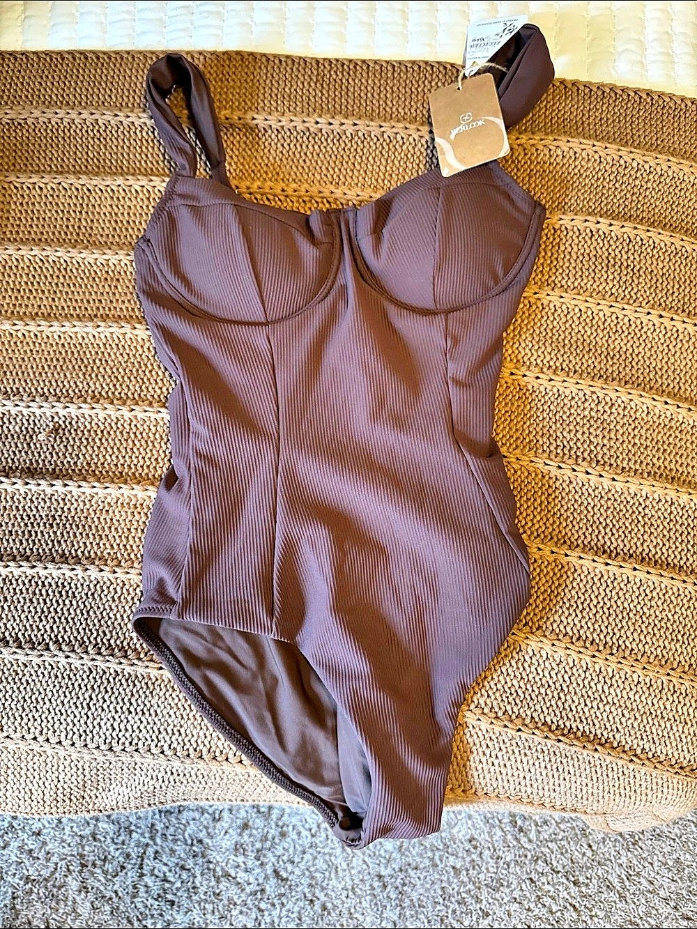 BERLOOK Coffee Ribbed Cross Back One-Piece Swimsuit Brown XS